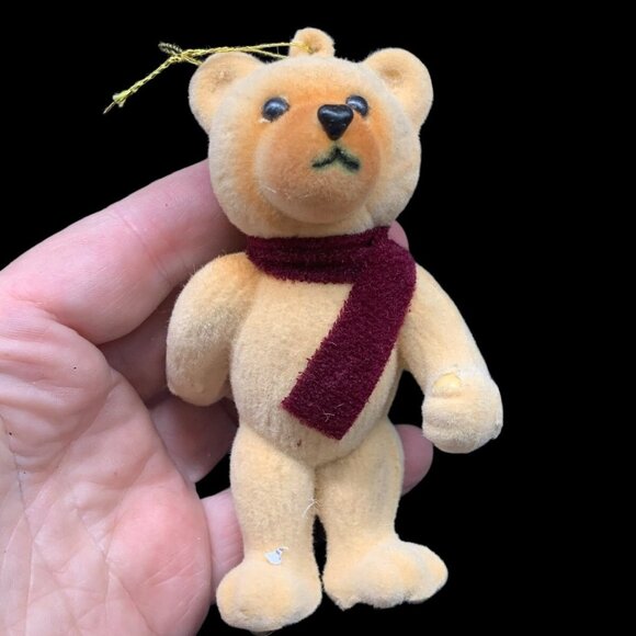 Vintage Blow Mold Flocked Teddy Bear Burgundy Scarf Christmas Ornament - Picture 1 of 9